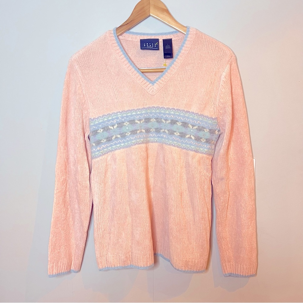 Y2K | pale pink Fair isle velour v-neck knit sweater